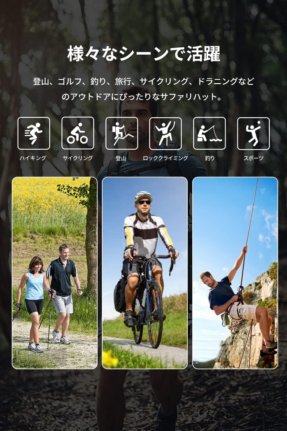 [Pawinpaw] サファリハット メンズ つば広 帽子【メッシュ通気・UPF50+ UVカット・撥水・防汚・超軽量】日除け帽子 ハット 折り畳み 速乾性 おしゃれ 紫外線対策 あご紐付き 自転車/釣り/登山/スポーツ/アウトドア